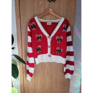 Major Label Group Christmas Ugly Cropped Top Womens Medium  Candy Cane Holly Red